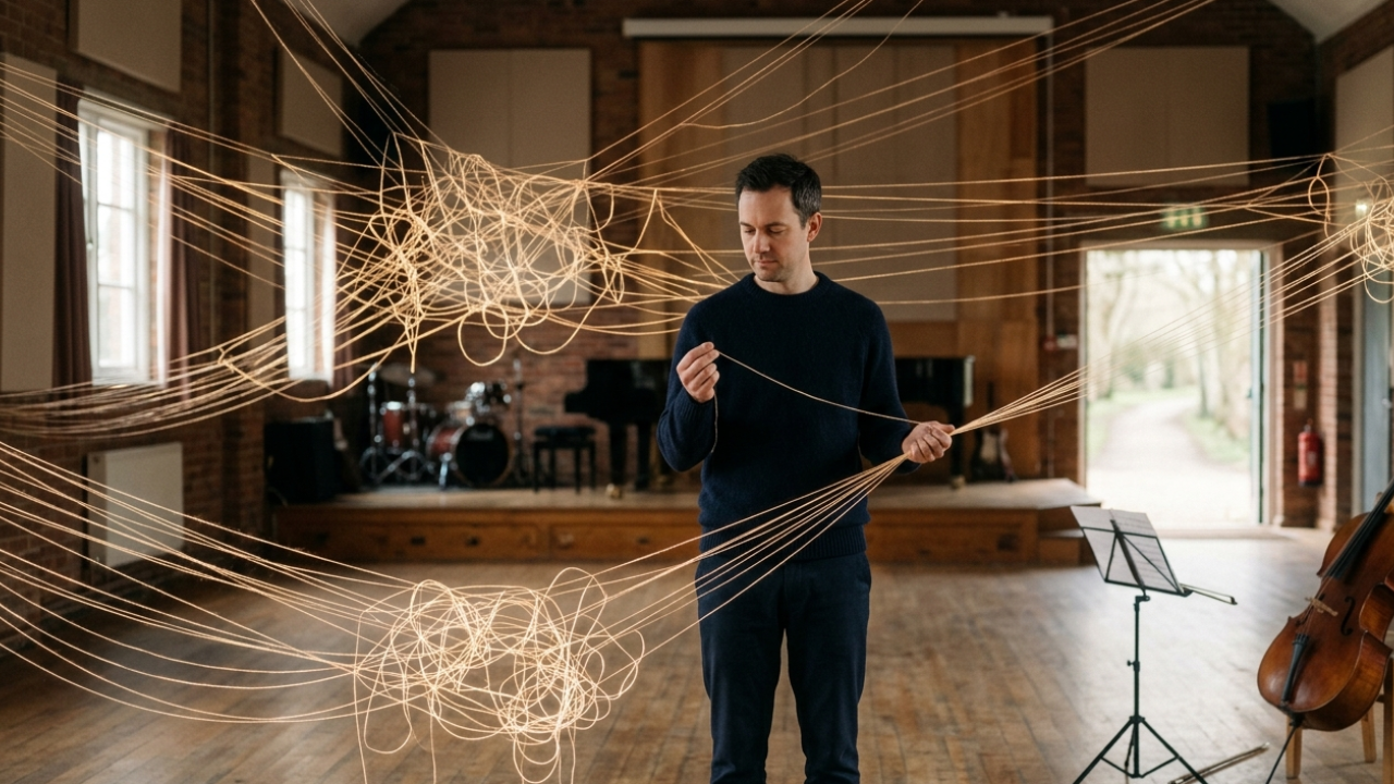 Musician organizing scattered notes and unfinished tasks into a clear, structured list on a desk, symbolizing the process of closing open mental loops.