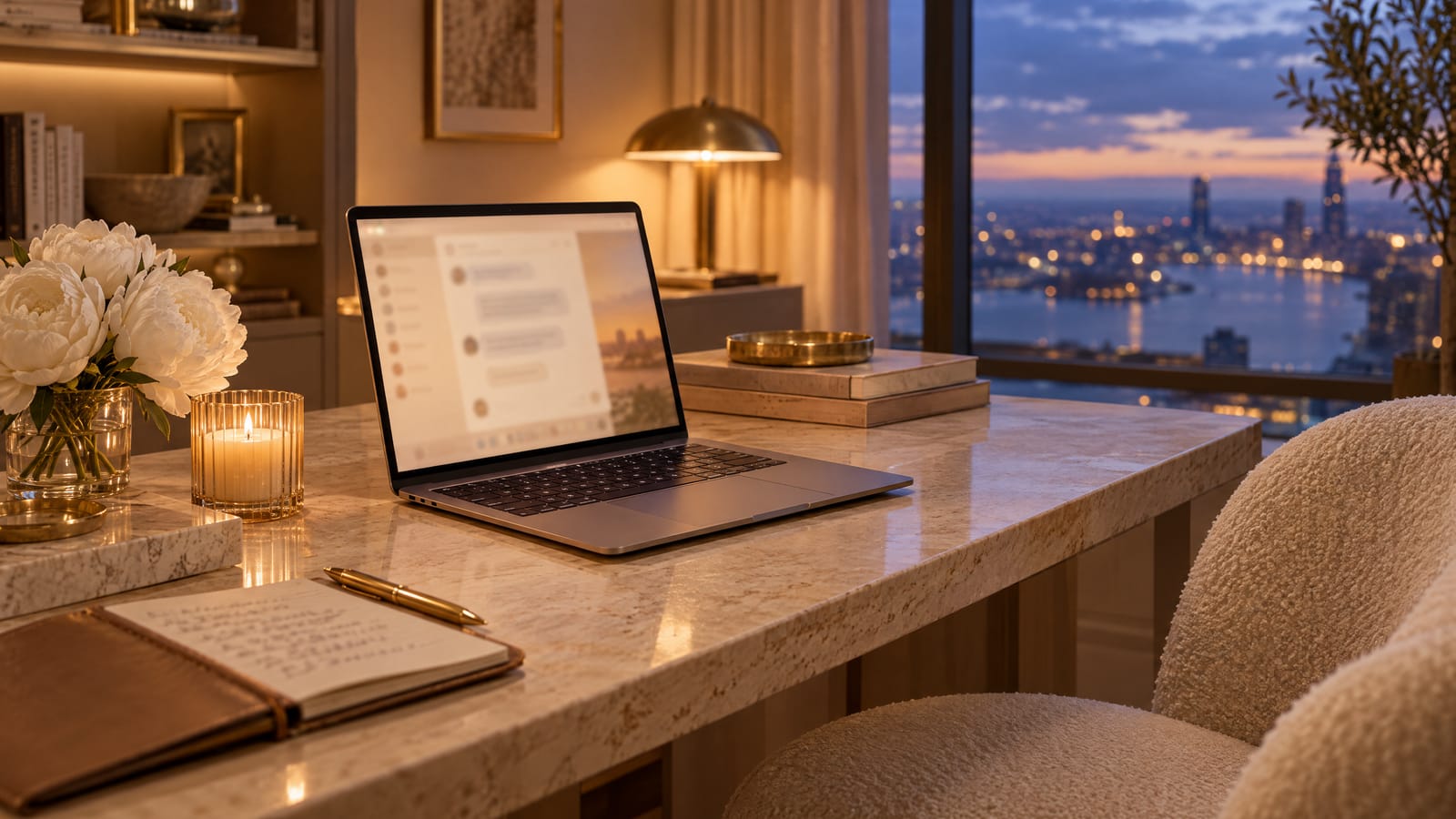 AI business advisor open on a laptop in an elegant home office at dusk, beside a leather notebook, a candle and white peonies