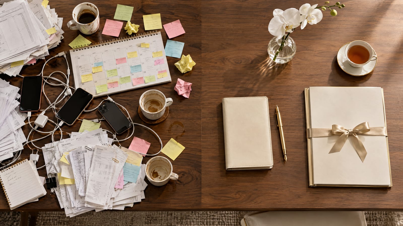 High ticket clients versus busy work: a cluttered desk of sticky notes and phones beside a calm desk with one notebook and a ribboned proposal
