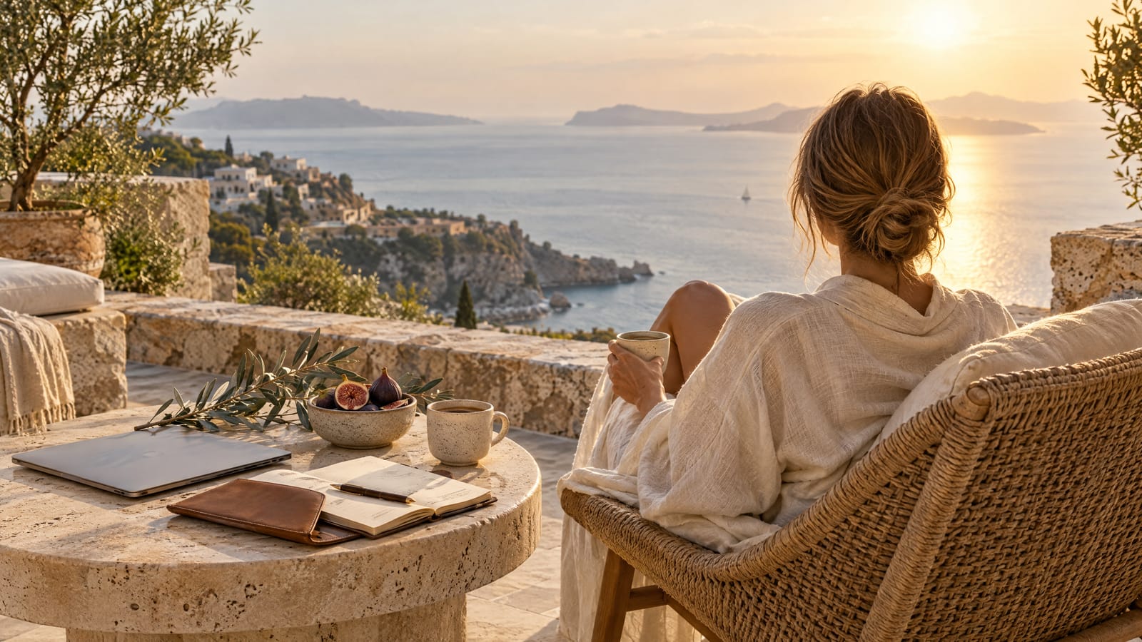 What is a lifestyle business: a woman resting on a sunlit Mediterranean terrace with coffee, a journal and a closed laptop