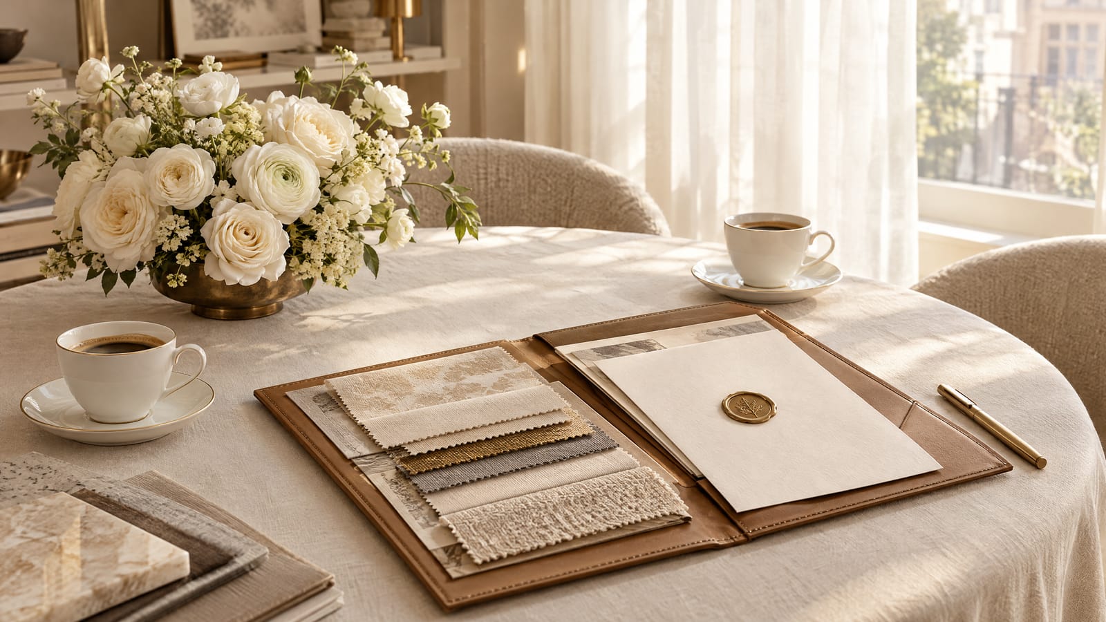 How to attract luxury clients: a consultation table set with fabric swatches, a sealed welcome card and white garden roses