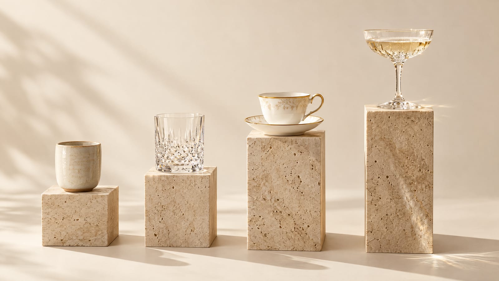 Luxury brand positioning shown as four tiers of the market: a ceramic cup, a crystal tumbler, a gold rimmed teacup and a champagne coupe on rising travertine plinths