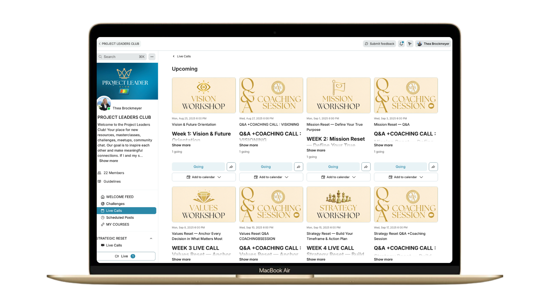 Strategy Reset live weekly coaching and facilitation sessions displayed on laptop screen