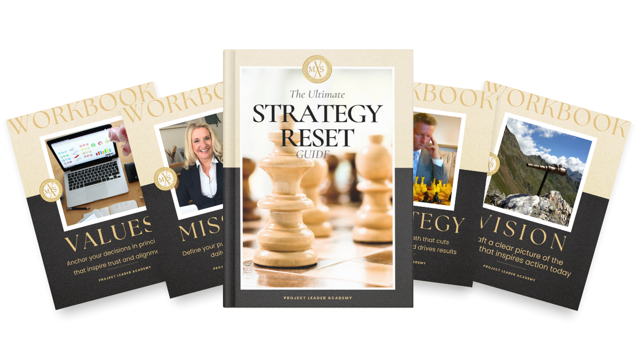 Strategy Reset workbooks showing Vision, Values, Mission and Strategy guides