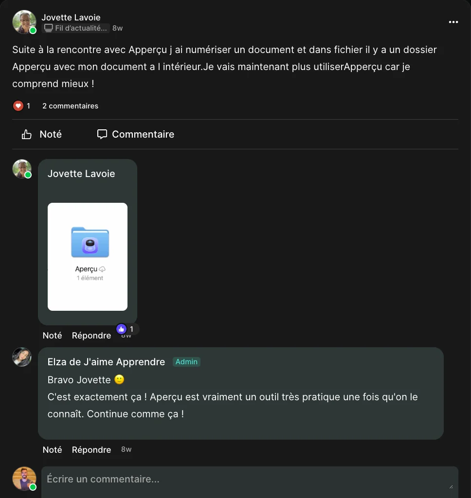 Dans la communauté : une membre raconte ce qu'elle a réussi, et l'équipe l'encourage
