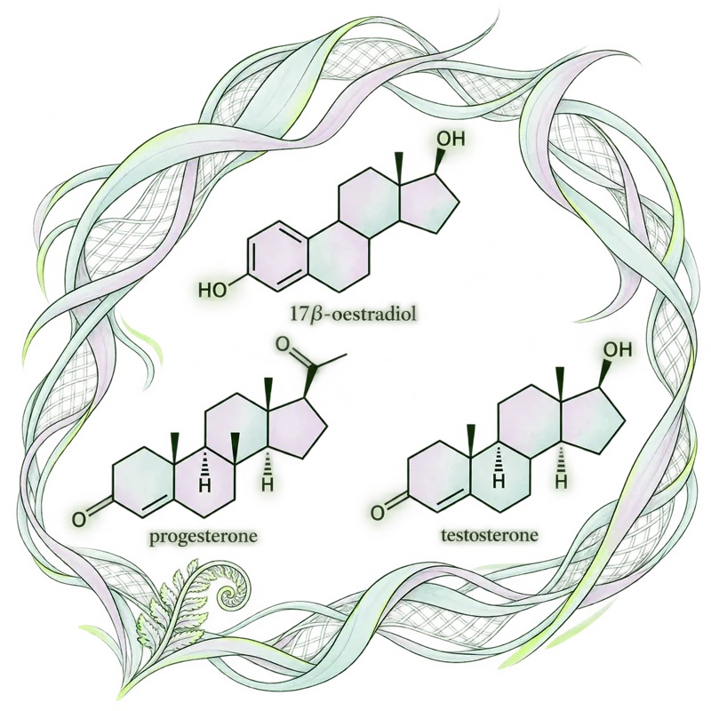Watercolour of oestradiol, progesterone and testosterone structures