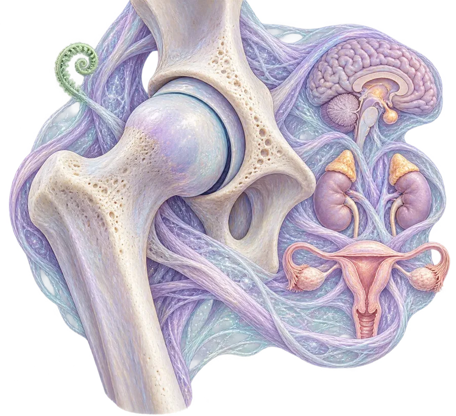 Illustration of the hip joint wrapped in fascia, alongside the brain, adrenal glands and uterus that send it hormonal signals