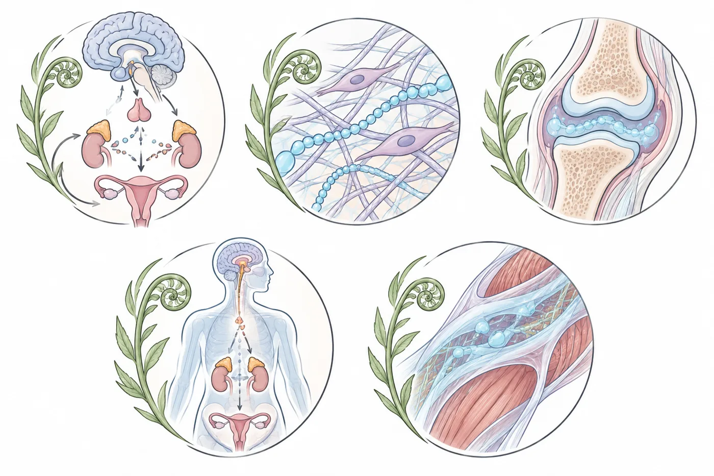 Five illustrations: the hormone axis, hyaluronan gel between fibres, a lubricated joint, the whole-body stress response and gliding muscle layers