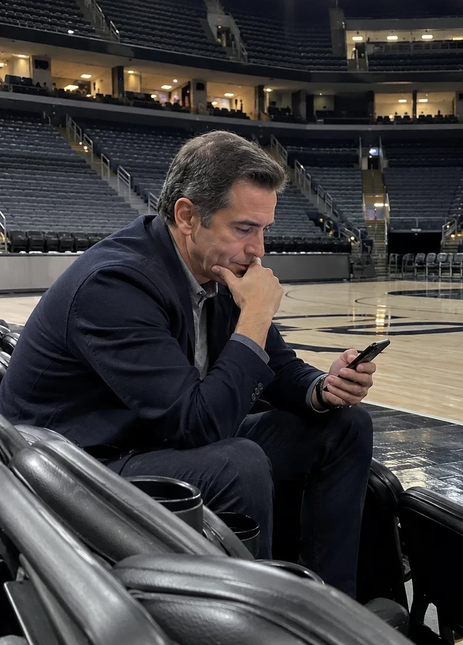 A club chairman checking his phone courtside in an empty arena