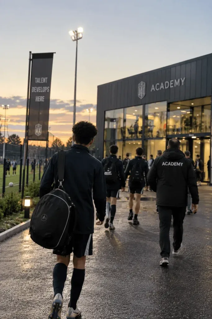 Players walking into an academy
