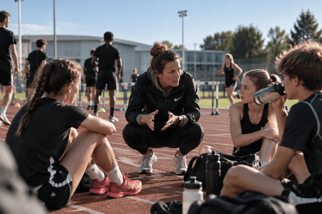 A coach talking with young athletes at the track