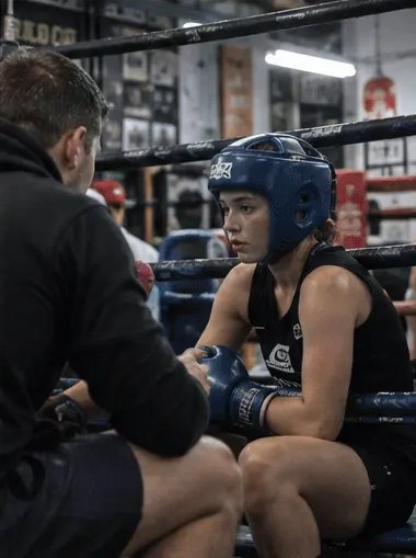 Boxer listening to her coach in the corner