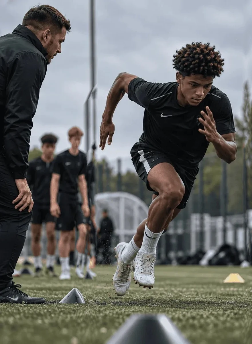 Coach running a training drill with a youth squad