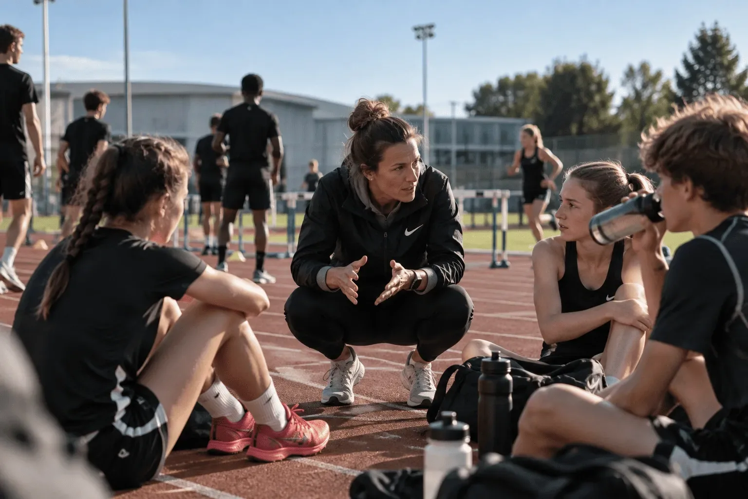 Coach talking with athletes on a running track