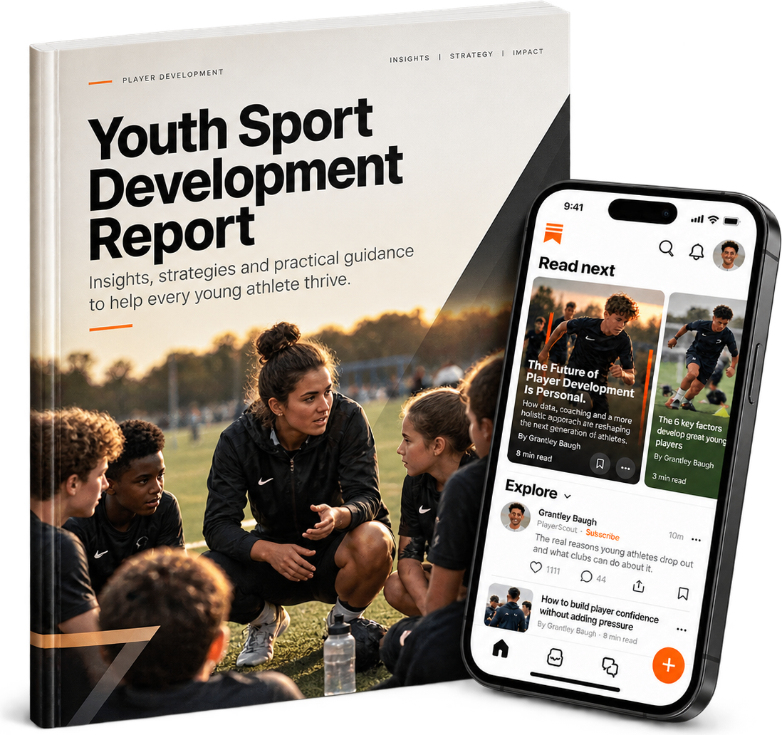 PlayerScout Youth Sport Development Report and the PlayerScout Substack on a phone