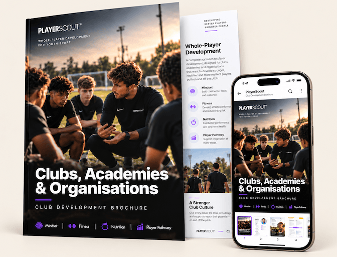 PlayerScout Clubs, Academies & Organisations club development brochure on print and mobile