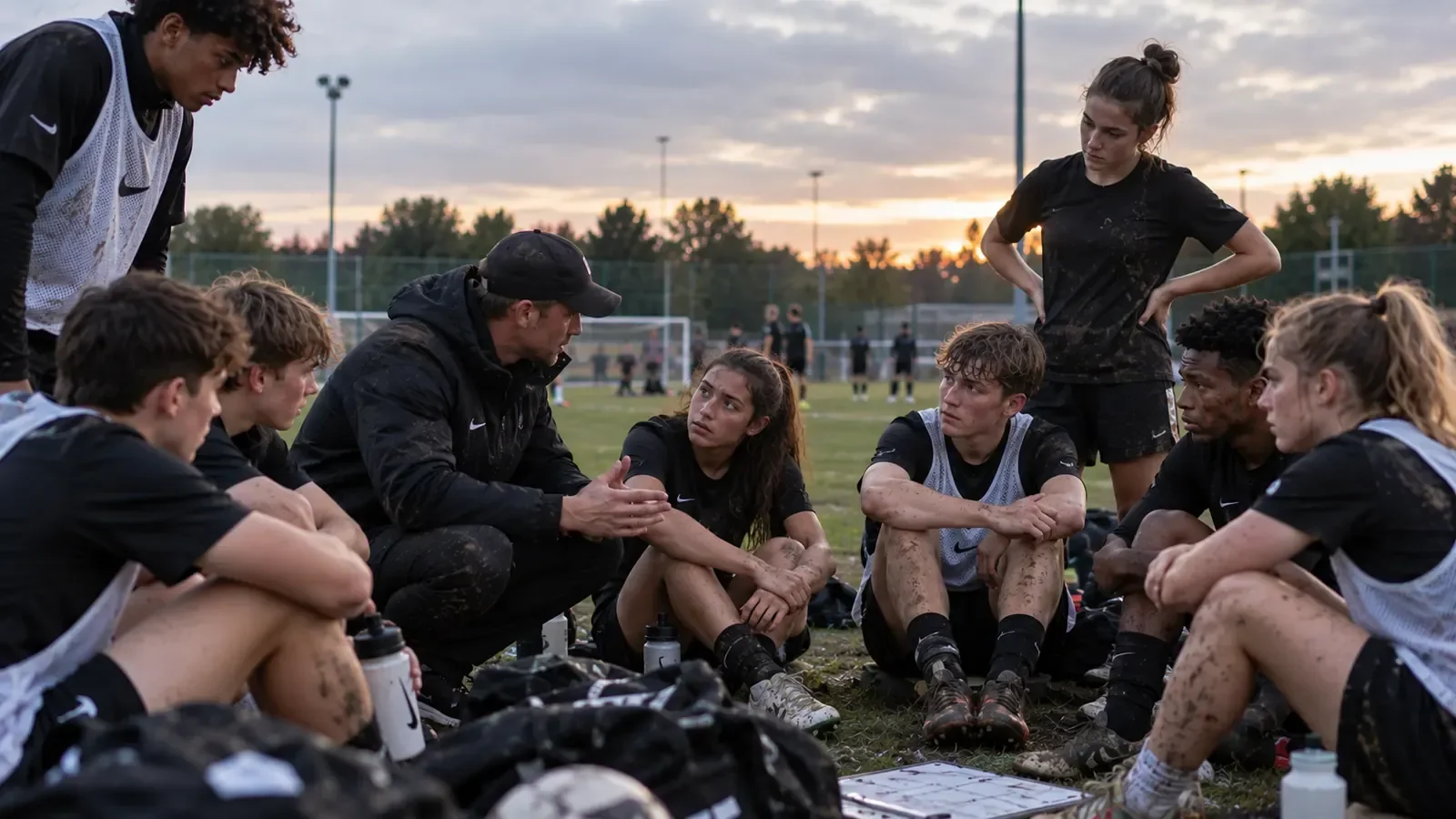 Football coach talking tactics with the squad after training