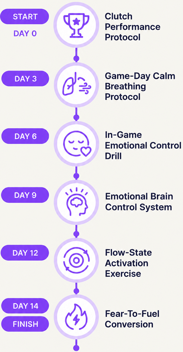 Your 14-Day Pressure Journey: Day 0 Clutch Performance Protocol, Day 3 Game-Day Calm Breathing Protocol, Day 6 In-Game Emotional Control Drill, Day 9 Emotional Brain Control System, Day 12 Flow-State Activation Exercise, Day 14 Fear-To-Fuel Conversion