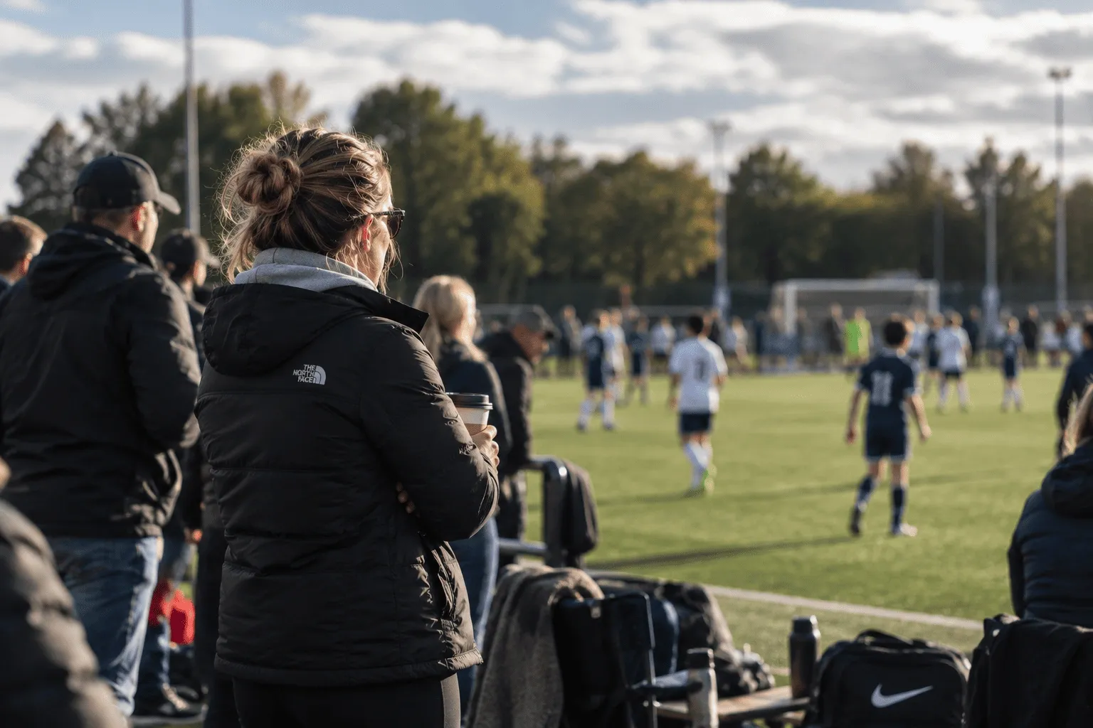 A parent watching a youth football match from the sideline
