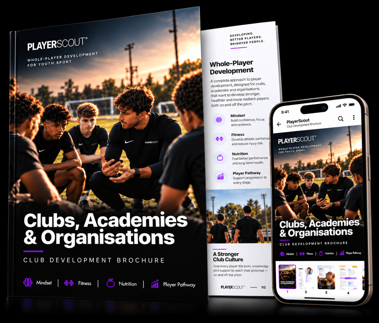 PlayerScout Club Development Brochure shown as a printed brochure, inside page and on a phone