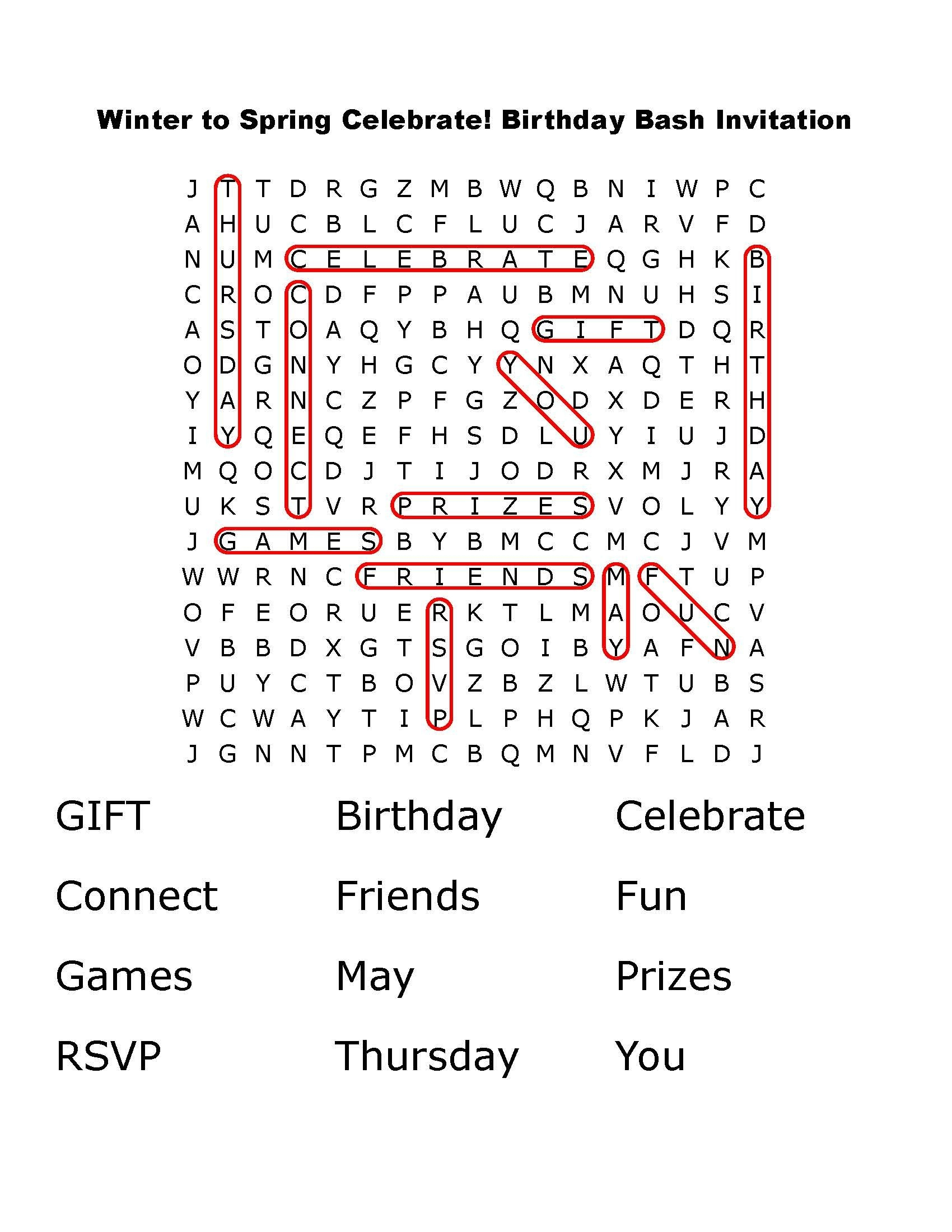 word search with words related to birthdays highlighted