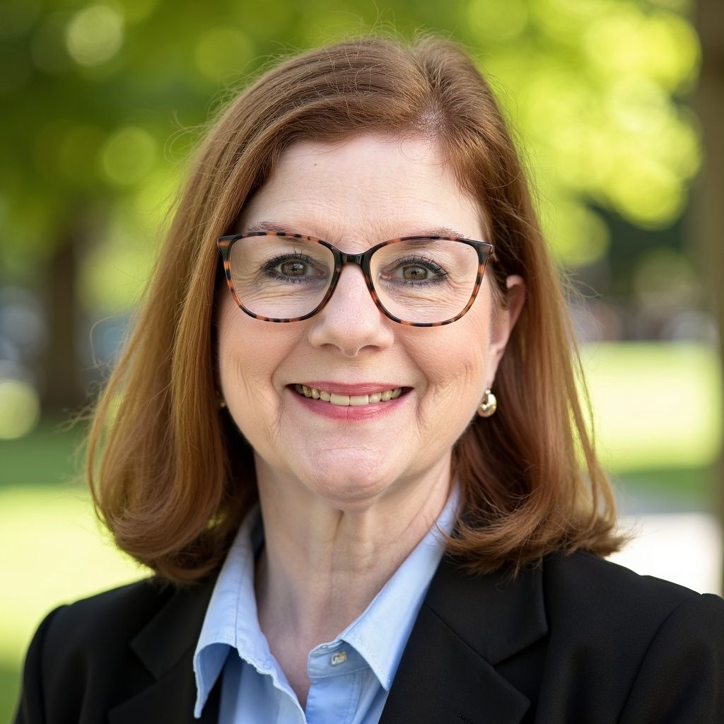 Smiling headshot of Marla Regan, CEO of Organized Time, in blue jacket, with trees and grass in background.