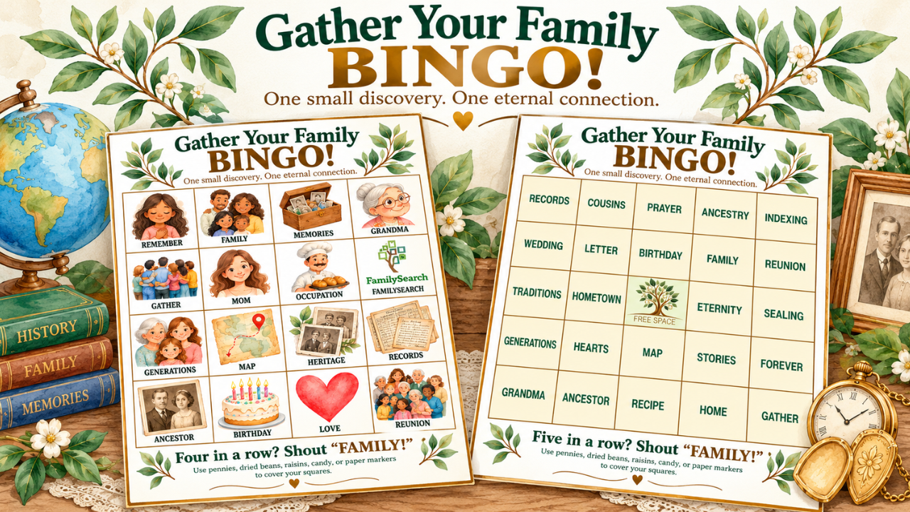 Gather Your Family Bingo activity featuring two printable family history bingo games: a colorful picture bingo board for younger children and a word bingo board for older children, surrounded by vintage books, family photographs, and greenery.
