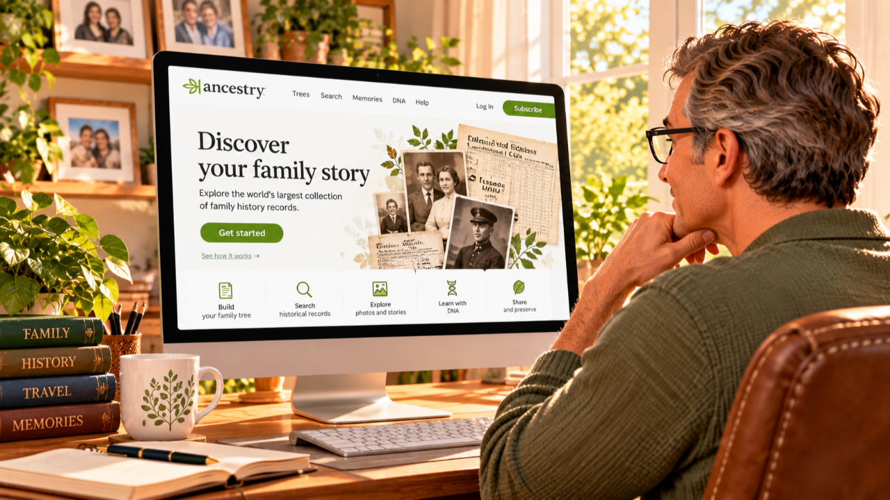 Middle-aged man with salt-and-pepper hair and glasses exploring Ancestry on his desktop computer in a sunlit home office surrounded by vintage family photographs, genealogy books, and plants.