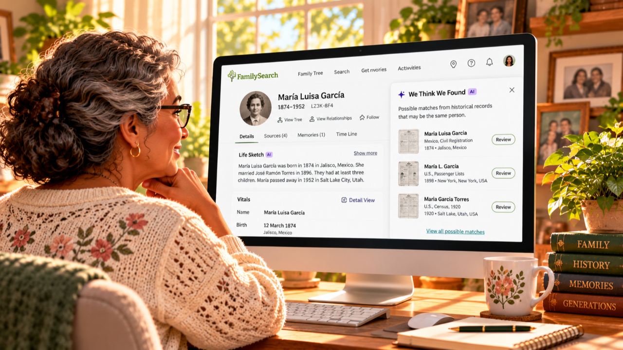 Smiling grandmother with curly gray hair and glasses exploring FamilySearch's AI Research Assistant on her desktop computer, reviewing possible historical record matches for an ancestor in a warm, sunlit home office.