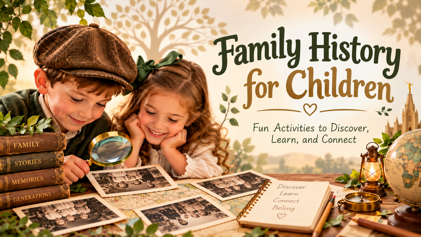 Family History for Children banner featuring a smiling boy and girl exploring vintage family photographs with a magnifying glass, surrounded by antique books, maps, a globe, and family history treasures.