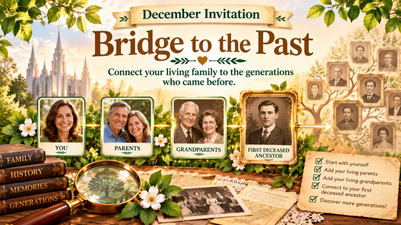 December Family History Invitation: Bridge to the Past. A family tree illustration connects living family members to their first deceased ancestor, with vintage portraits, a temple, and a checklist for discovering earlier generations.