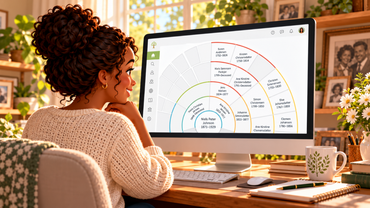 Smiling woman with curly hair exploring a colorful four-generation FamilySearch fan chart on her desktop computer, surrounded by family photographs, books, flowers, and family history keepsakes.