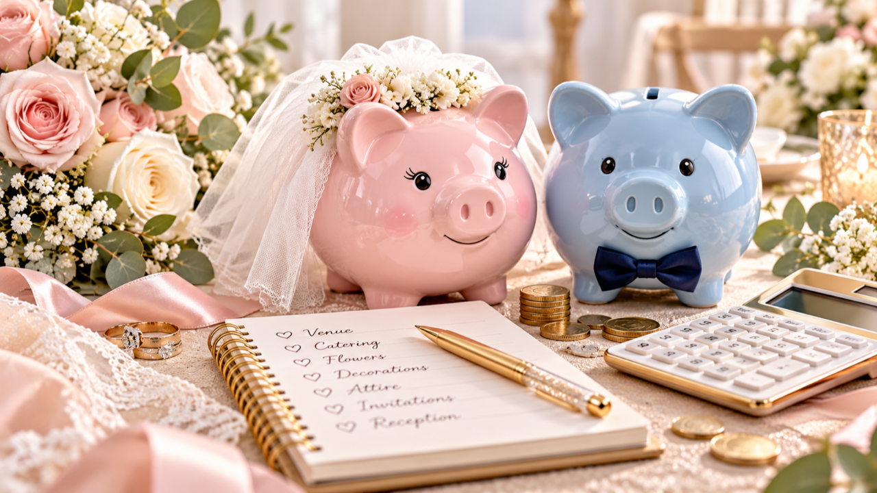 LDS Wedding Budget app — calculator with flowers, gold pens, and computer keyboard for temple wedding planning