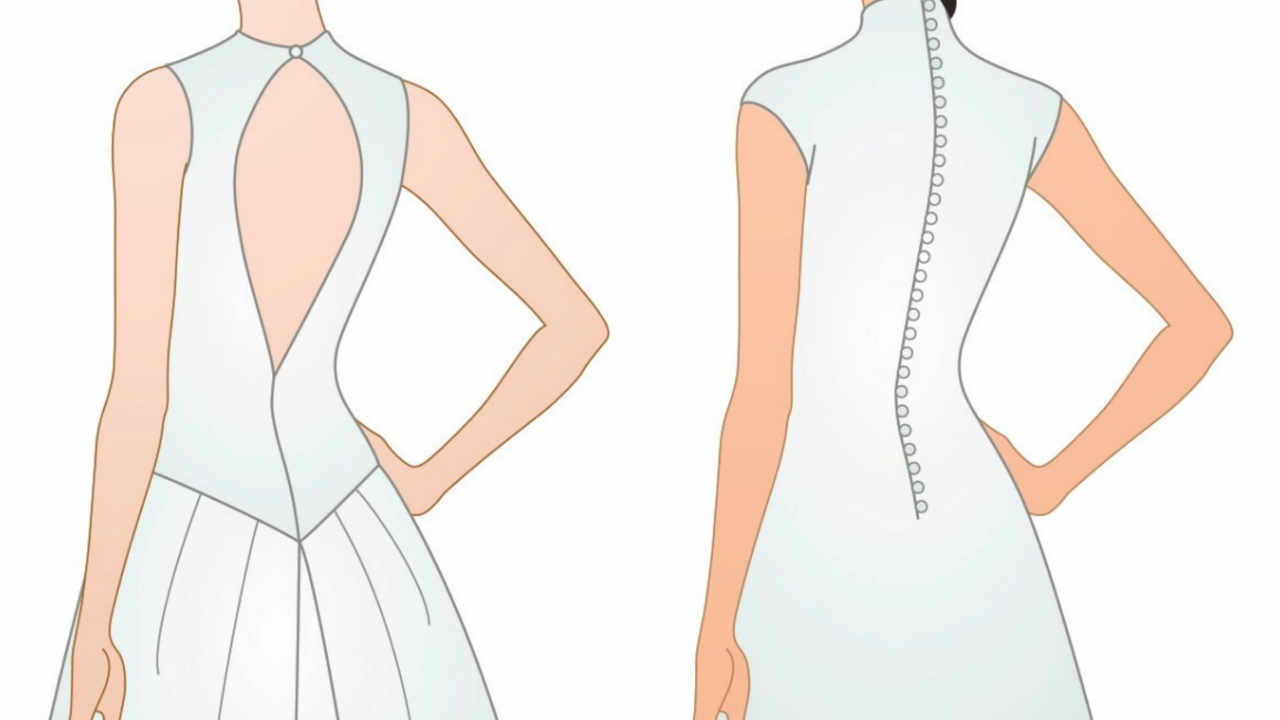 Illustrated wedding dress back styles featuring a dramatic keyhole back and a modest button-back wedding gown design for LDS brides.