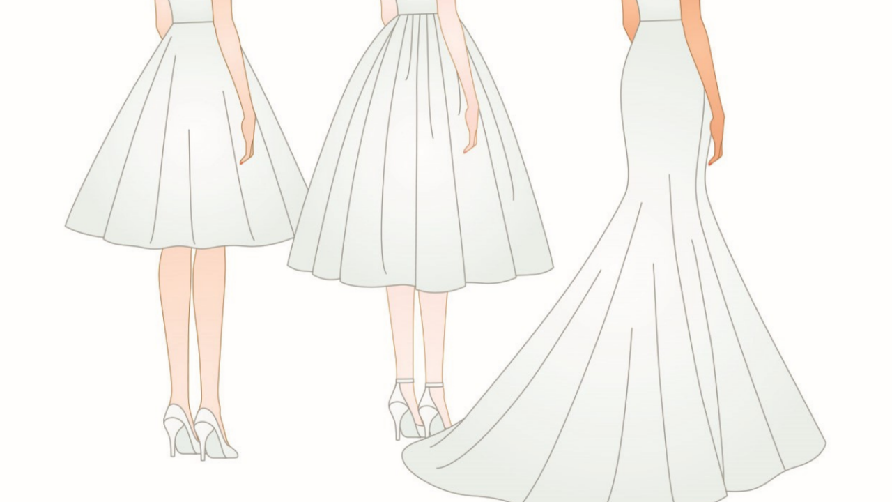 Wedding dress skirt types illustration featuring examples of gathered skirts, accordion pleated skirts, and tiered wedding dress skirts, showcasing popular bridal skirt styles used in modern, traditional, and romantic wedding gown designs.