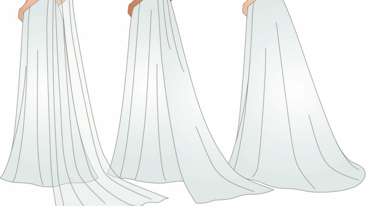 Illustrated comparison of wedding dress train styles including panel train, Watteau train, sweep train, court train, chapel train, cathedral train, and monarch train showing the different lengths and formalities available to brides choosing their perfect wedding dress.