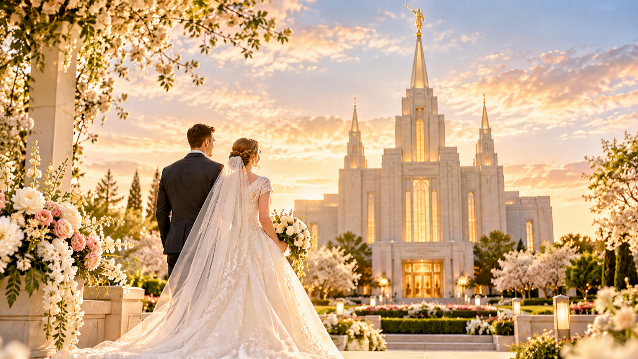 Bride and groom in elegant, modest wedding attire looking toward a Latter-day Saint temple at sunset, surrounded by white and blush flowers, glowing lanterns, and beautiful gardens.