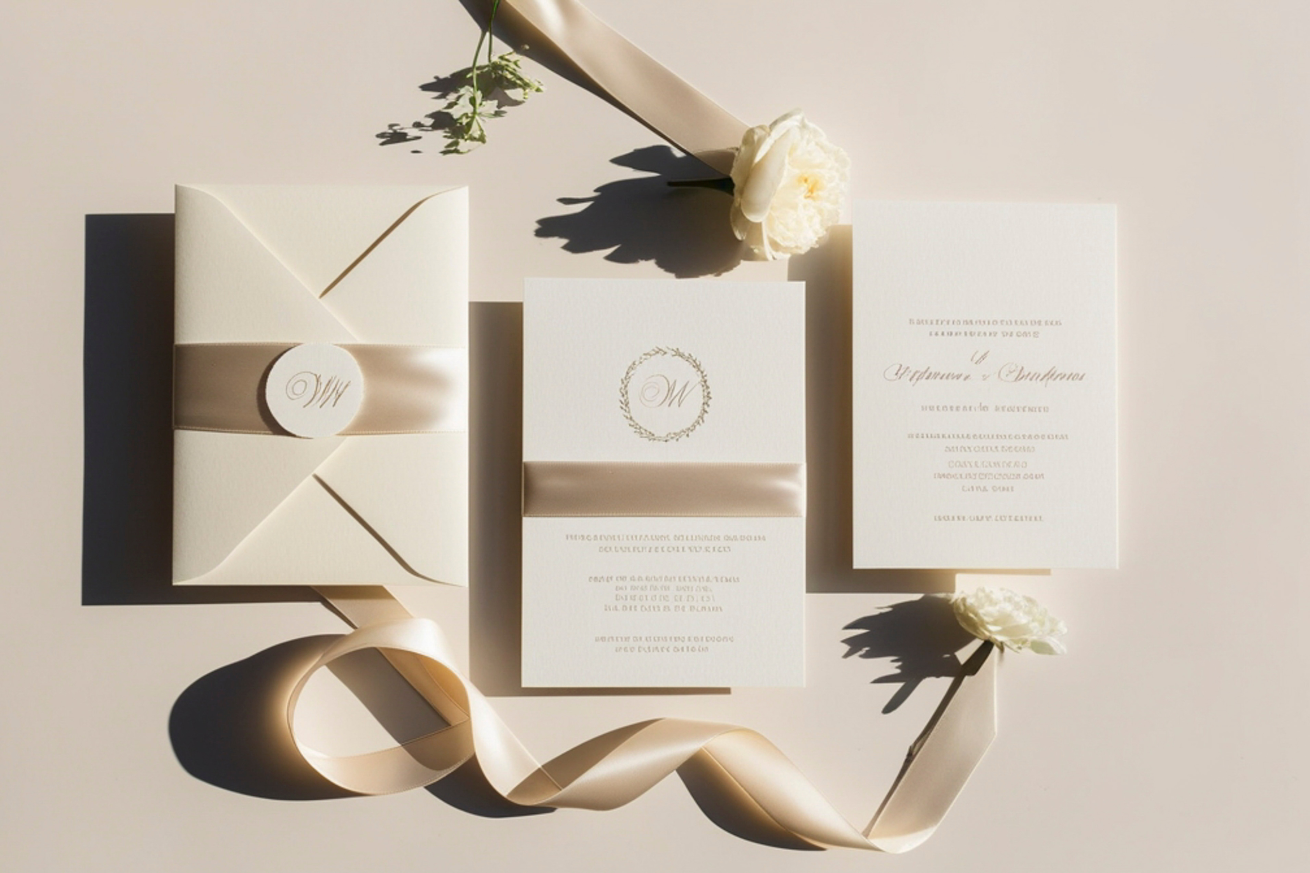 Elegant wedding invitation suite with outer envelope, RSVP card, and insert laid out with ribbon and floral accents in soft neutral tones.