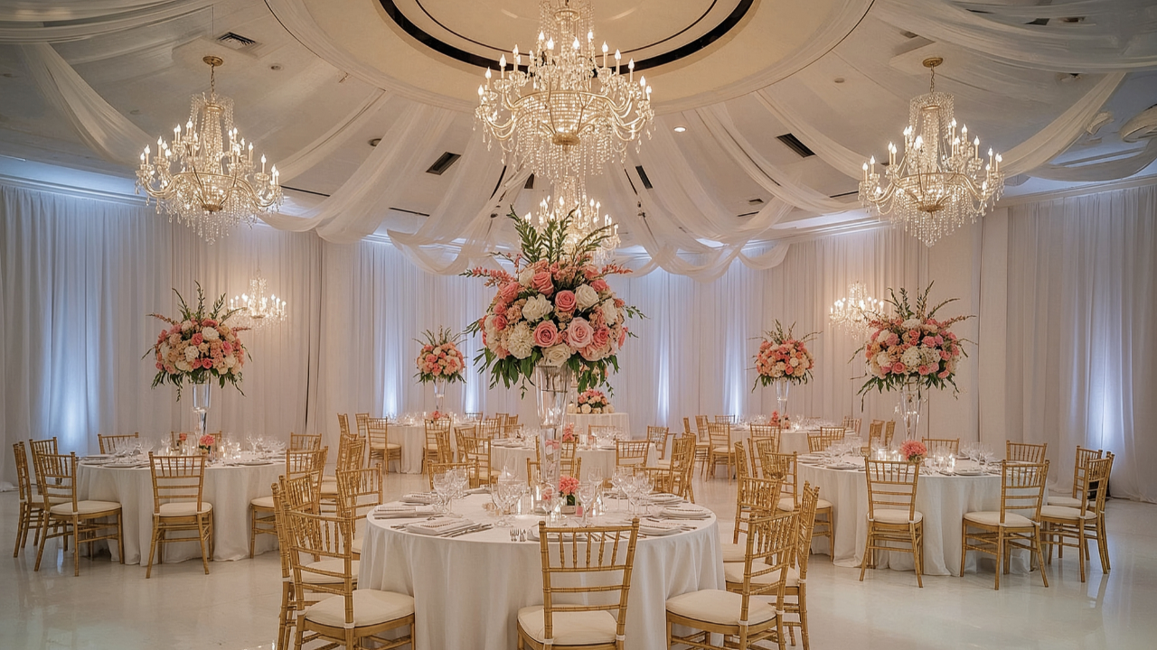 Elegant indoor wedding reception venue featuring crystal chandeliers, white ceiling draping, round tables with gold Chiavari chairs, and tall pink and white floral centerpieces for a timeless LDS wedding celebration.