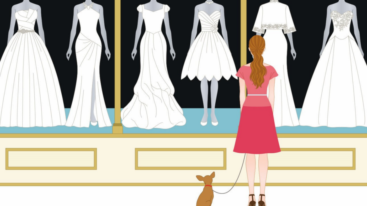 Illustration of a bride-to-be standing with her dog outside a bridal boutique window, comparing different wedding dress silhouettes and styles before beginning her wedding dress shopping journey.