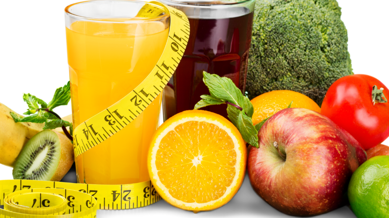 Healthy bridal nutrition featuring fresh fruits, vegetables, juice, and a measuring tape symbolizing balanced eating and wellness before a Church of Jesus Christ wedding.
