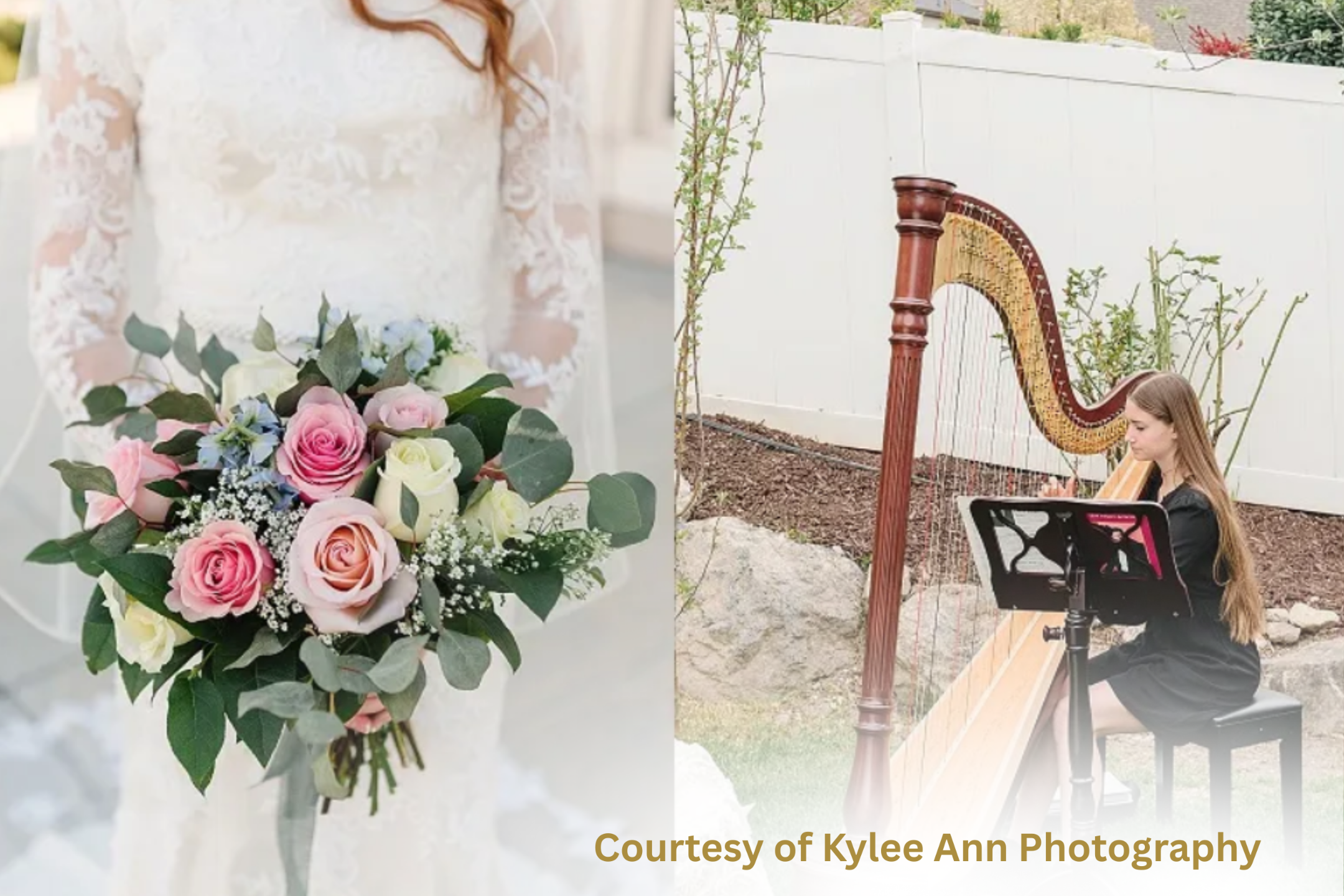 LDS bride holding a pastel rose bouquet beside a harpist performing at an outdoor wedding reception, symbolizing the beauty of faith-filled music and floral harmony. Image courtesy of Kylee Ann Photography.