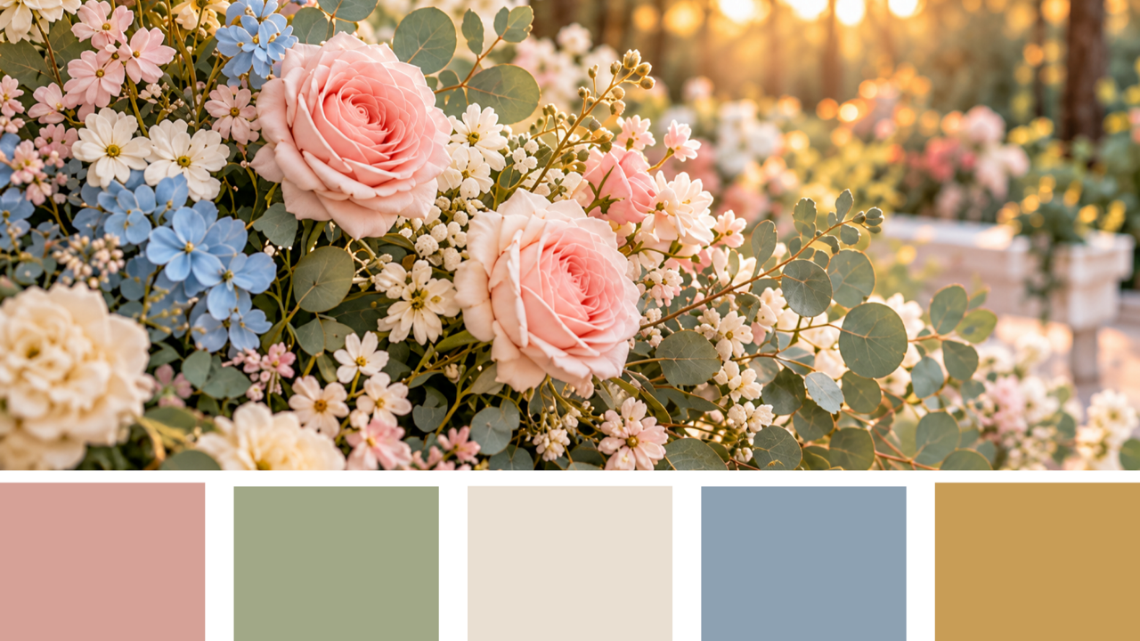 Soft pink sunset wedding color palette with blush, mauve, lavender, and rose color swatches created in Canva for LDS wedding inspiration.