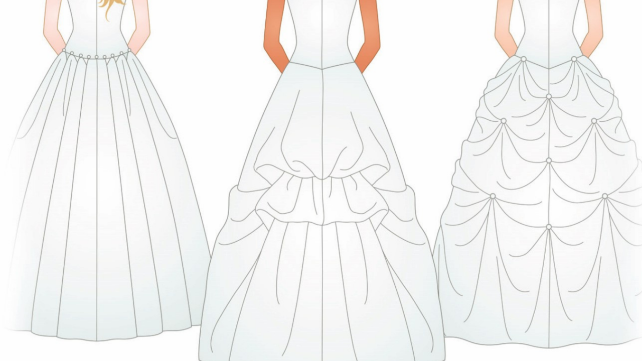 Illustration of wedding dress bustle types showing different back views of bridal gowns with gathered, lifted, and draped train styles, including traditional bustle designs used to secure a wedding dress train for the reception.