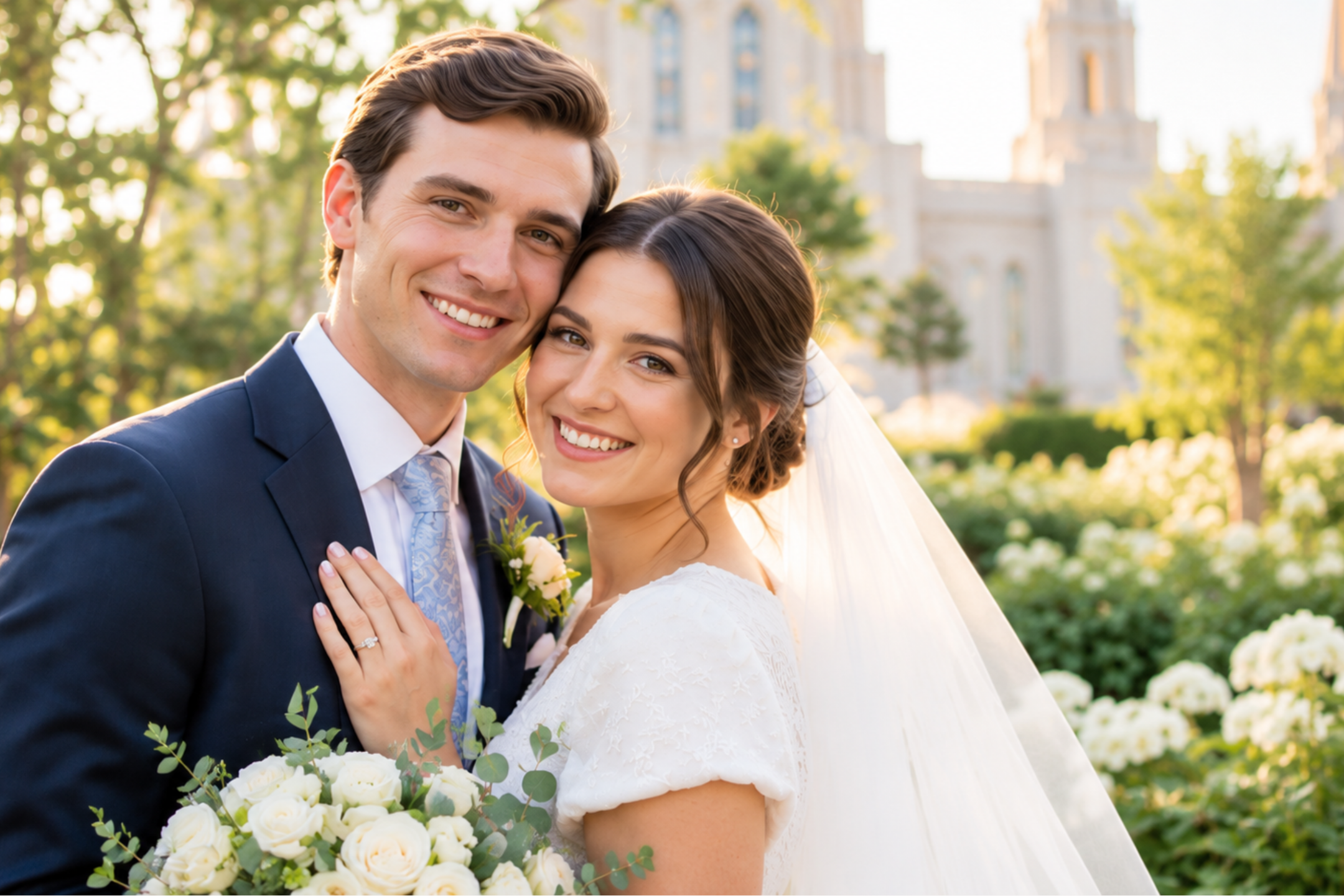 Happy bride and groom smiling together in a sunlit garden near a Latter-day Saint temple. The bride wears a modest white wedding dress with lace sleeves and a veil and carries a bouquet of ivory roses.