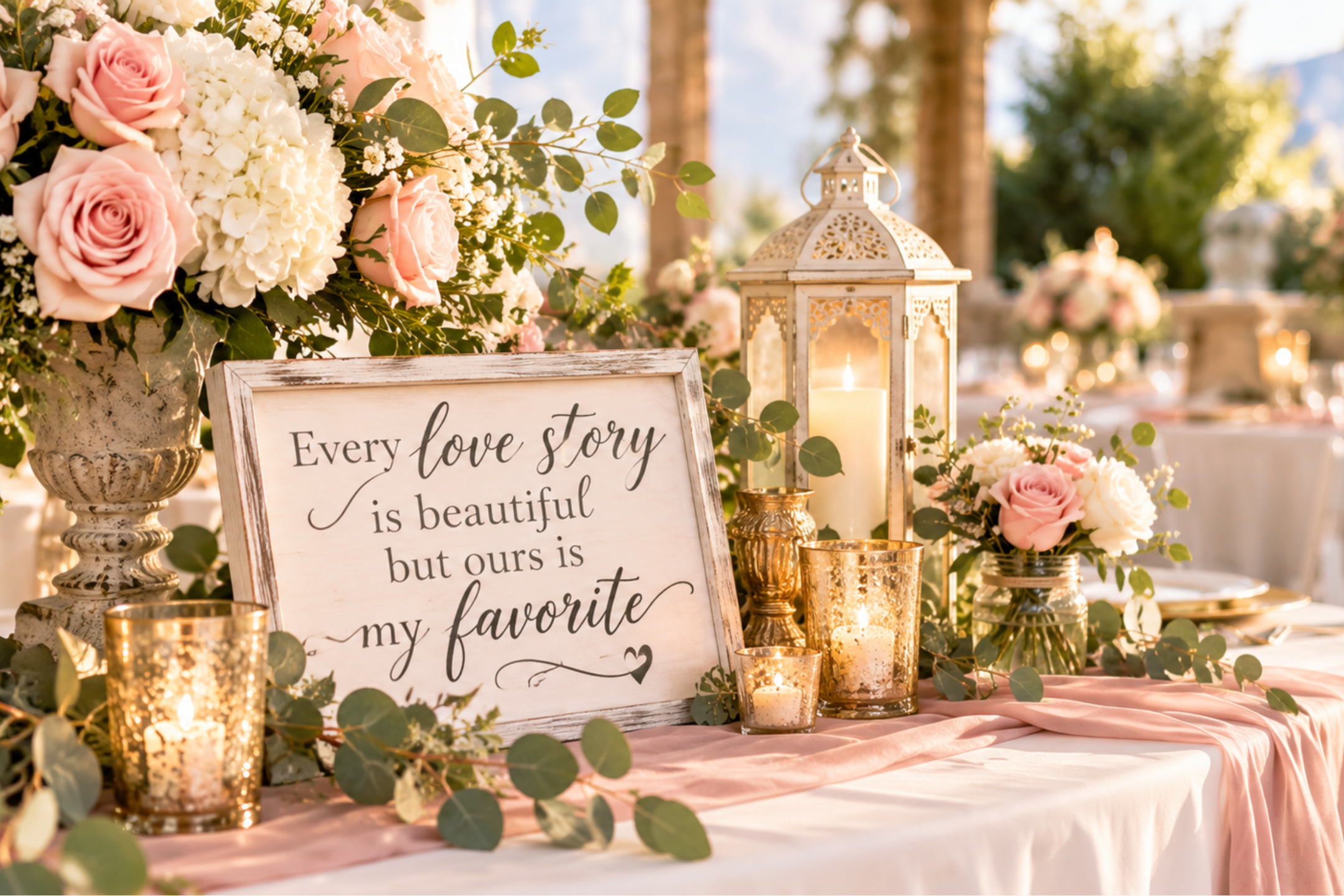 Elegant LDS wedding reception decor featuring gold accents, framed photos, greenery, and a rustic sign reading “Every love story is beautiful, but ours is my favorite,” symbolizing faith-centered celebration and personal wedding style. Image courtesy of Stacey Kay Photography.
