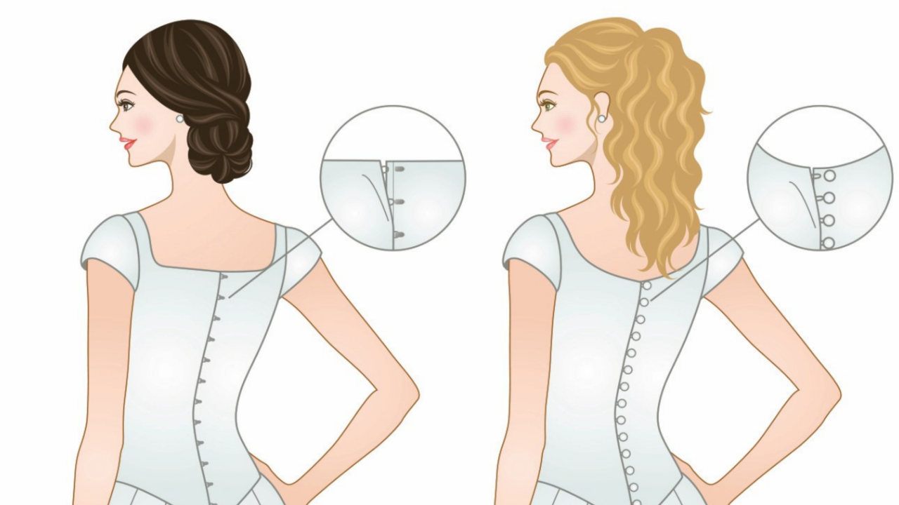 Dress Closures for My Wedding Dress illustration showing corset lace-up closures, button-and-loop closures, button-and-hole closures, hook-and-eye fasteners, back zipper closures, and side zipper wedding dress construction details from The Bride's Guide to Finding the Perfect Wedding Dress by Rosanna Haller.