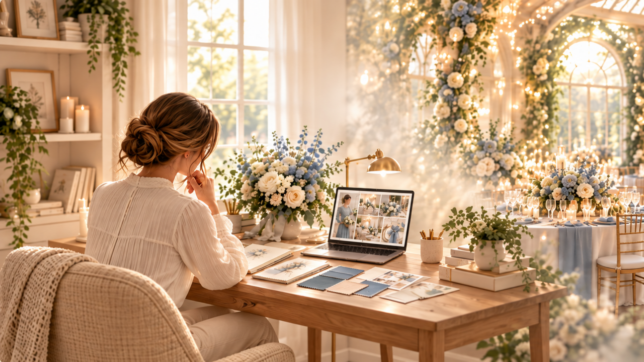 Bride planning her wedding colors and decorations on a laptop with a beautifully coordinated wedding reception in the background.