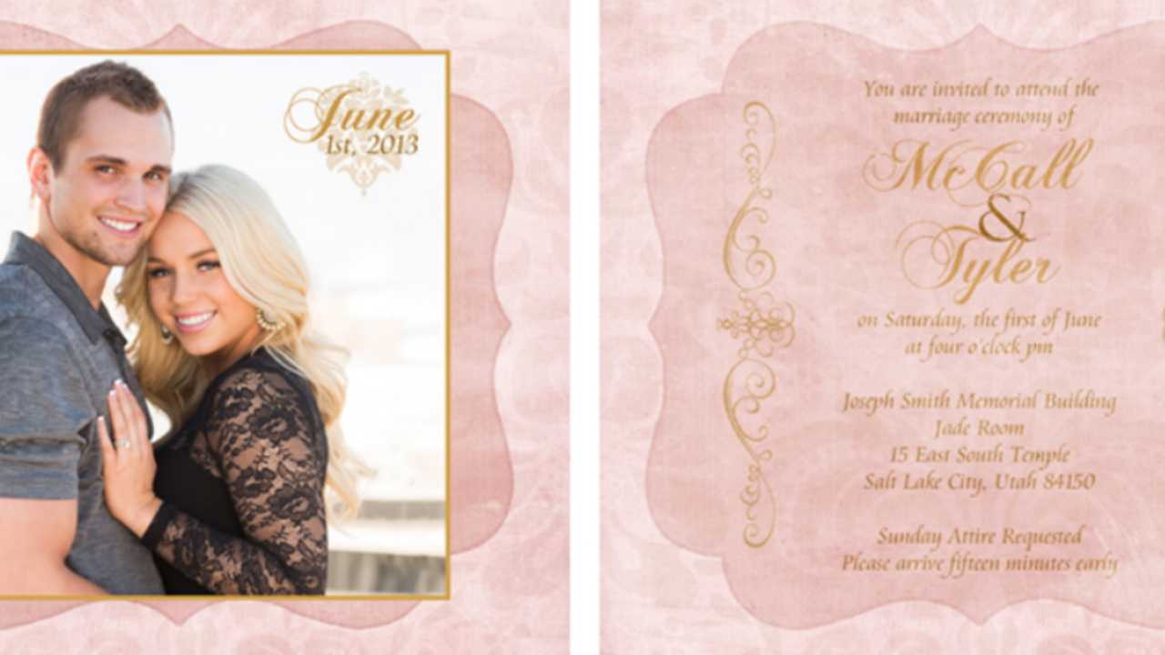 Example of a beautiful LDS wedding invitation, designed by Terra Cooper.