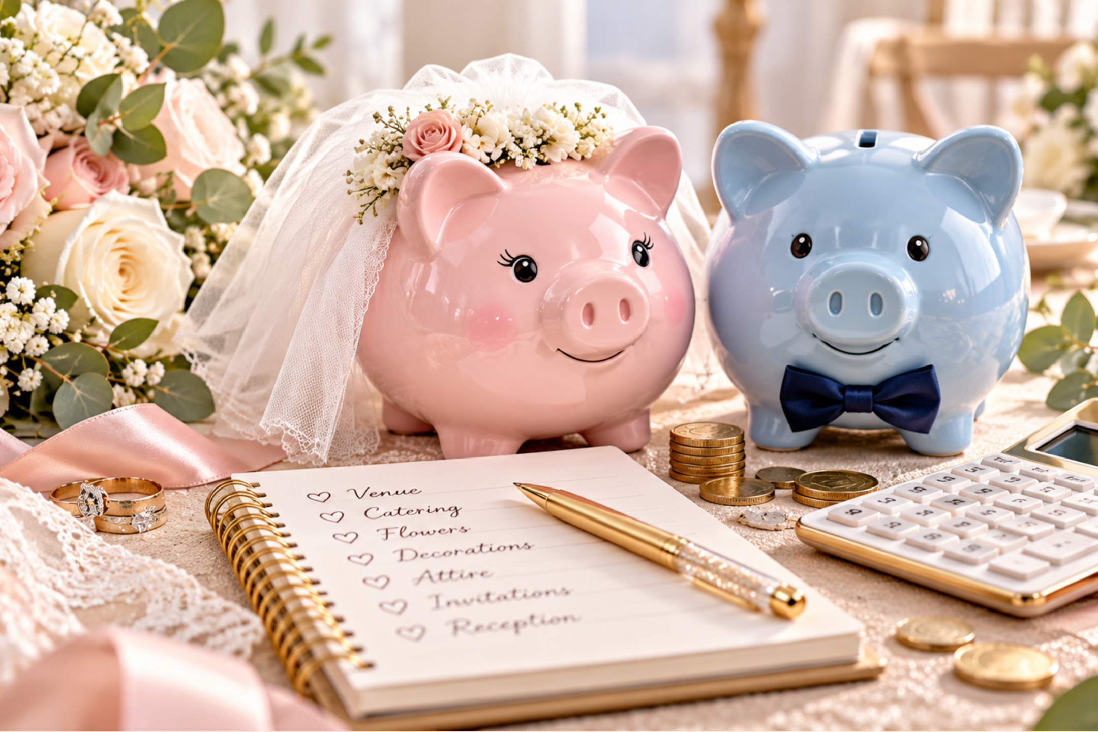 Pink bride piggy bank wearing a wedding veil beside a blue groom piggy bank with a bow tie, surrounded by flowers, a calculator, and a wedding budget planner.
